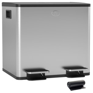Cubo de Basura de Cocina con 2 Compartimentos 2x15L Papelera de Cocina de Acero Inoxidable con Pedales Tapas de Cierre Suave y Cubo Extraíble para Reciclaje Residuos Restos de Comida Plata