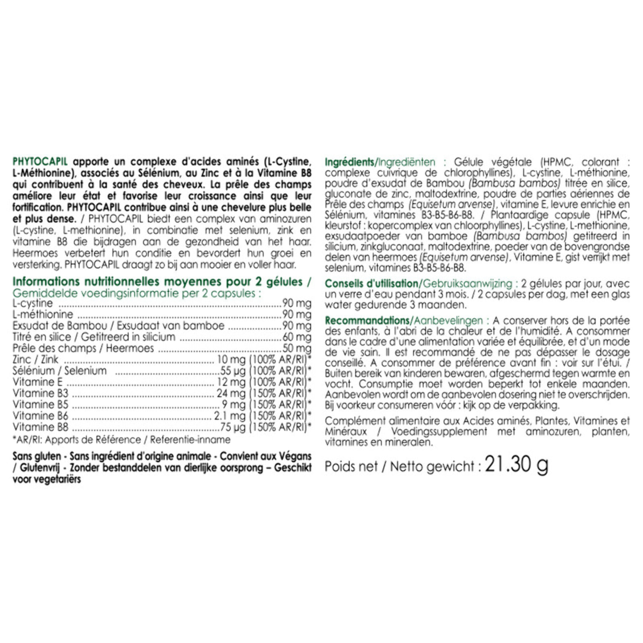 NUTRI EXPERT - Phytocapil - Complément Alimentaire à Base de Plantes, Vitamines, Minéraux et Acides Aminés - Croissance et Fortification des Cheveux - Convient aux Végans - 60 Gélules Végétales