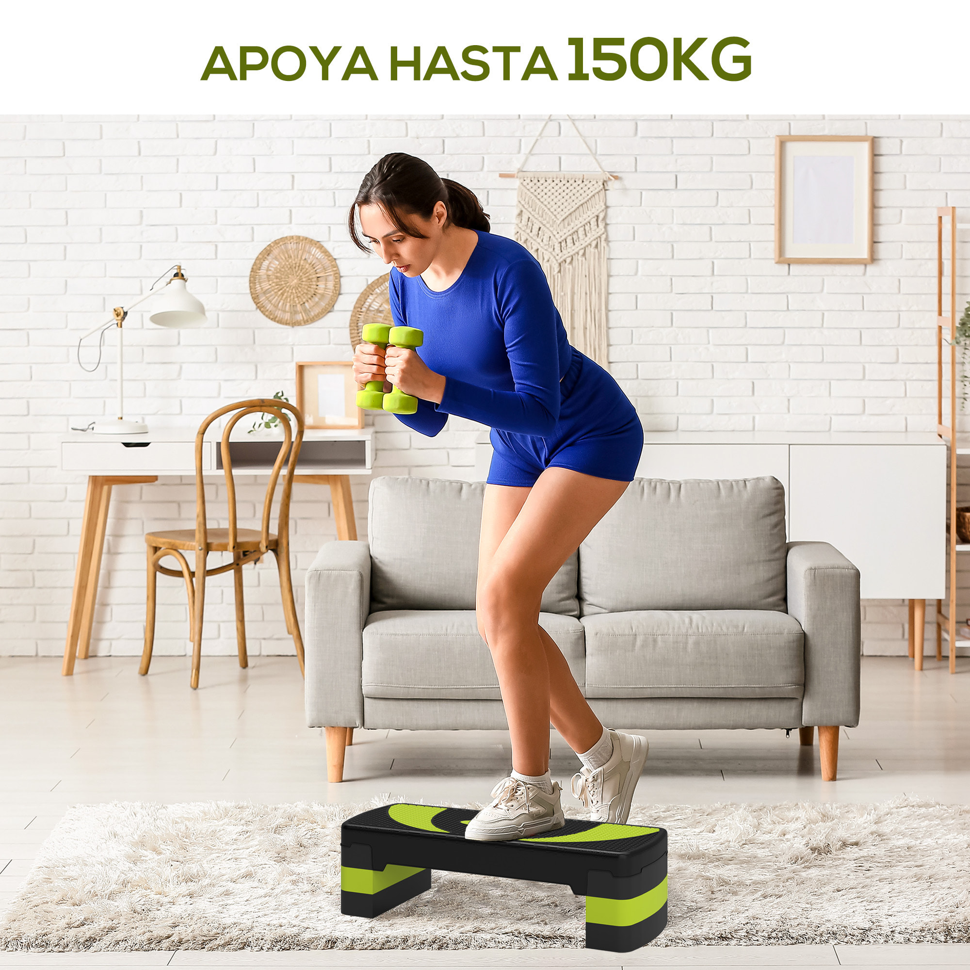 Step de Aeróbic Step para Fitness Antideslizante con Altura Regulable 3 Niveles de 10/15/20 cm Tabla Plataforma Stepper para Ejercicio en Casa Gimnasia Carga 150 kg 80x31x20 cm Verde y Negro