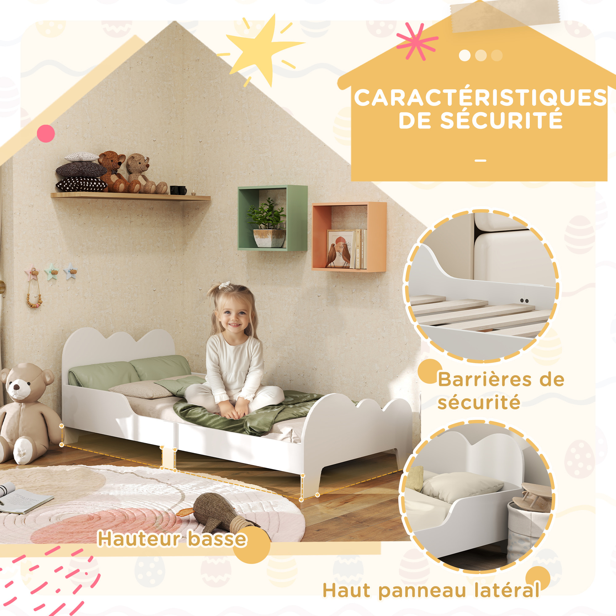 Lit pour enfant 3-8 ans design nuage - sommier à lattes inclus - barrières de sécurité - blanc