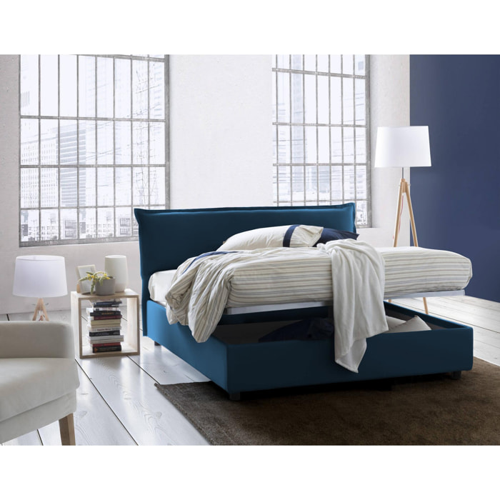 Letto matrimoniale Clodovea, Letto contenitore sfoderabile con testiera e giroletto contenitore imbottiti, 100% Made in Italy, con materasso 160x190 Cm incluso, Blu