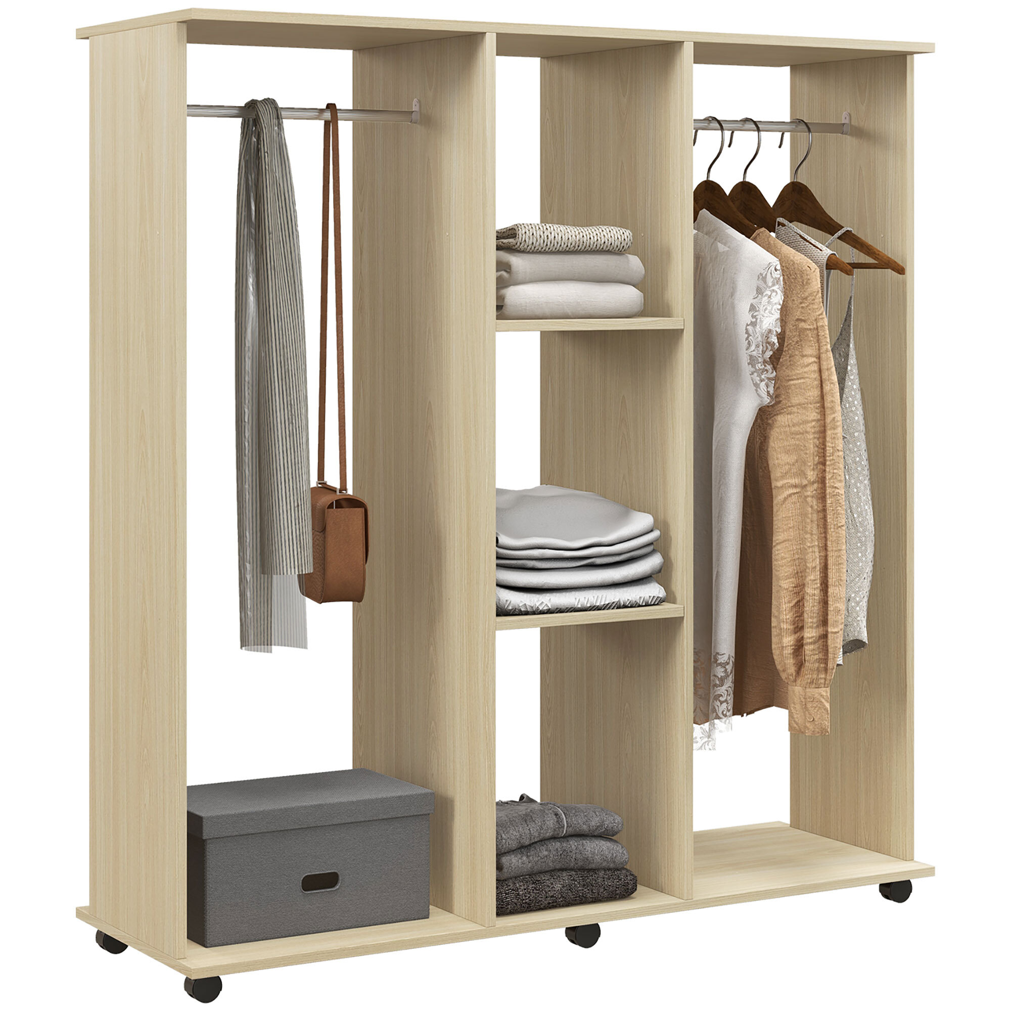 Armoire penderie meuble de rangement mobile 6 roulettes 120L x 40l x 128H cm panneaux de particules aspect bois chêne