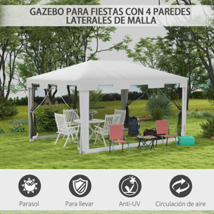 Carpa de Jardín 4x3 m Cenador Desmontable Exterior con 4 Mosquiteras Laterales 2 Puertas con Cremallera y 8 Orificios de Drenaje para Terraza Patio Playa Blanco y Negro