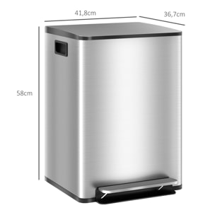 Cubo de Basura de Cocina con 2 Compartimentos 2x20L Papelera de Cocina de Acero Inoxidable con Pedal Tapa de Cierre Suave y Cubo Extraíble para Dormitorio Oficina Salón Plata