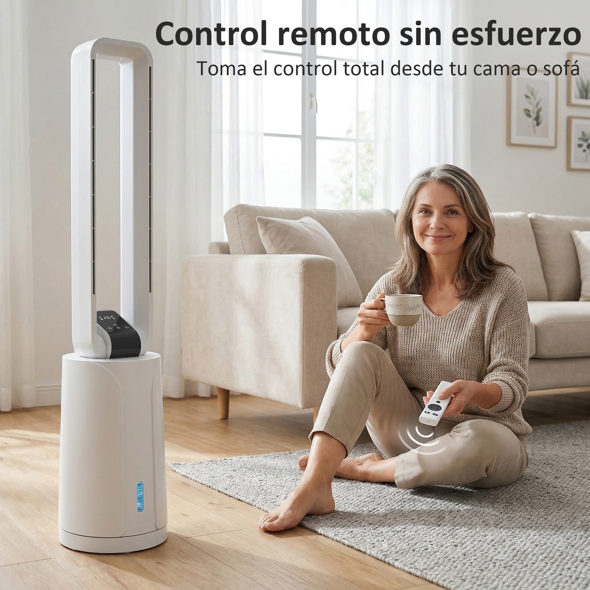 Climatizador Evaporativo 3 en 1 sin Aspas Enfriador de Aire 90 W Depósito de 1,7L Temporizador hasta 15H 3 Velocidades 4 Modos Oscilación 70° Mando a Distancia Cajas de Hielo para Hogar Blanco