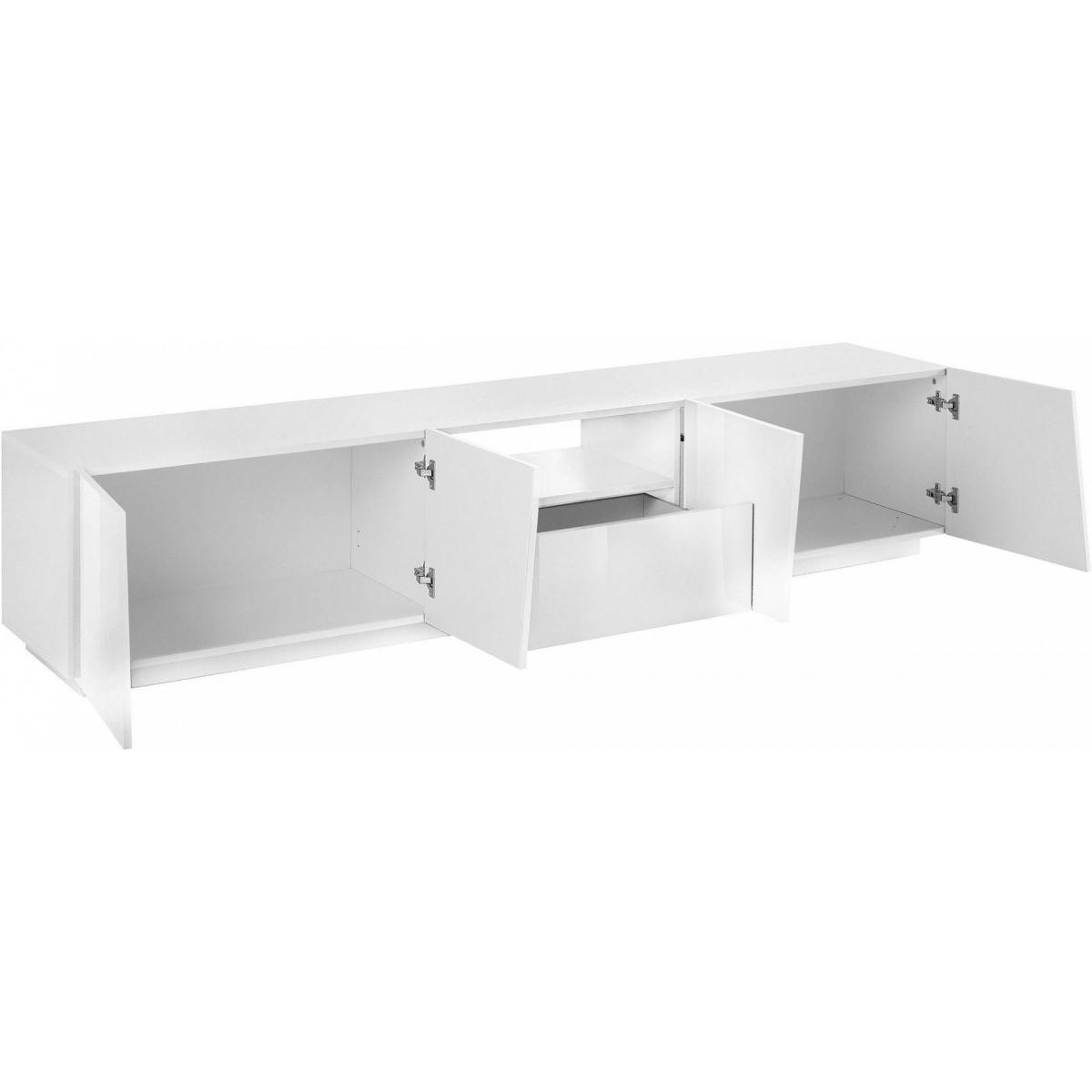 Mobile da soggiorno Porta TV, Made in Italy, Supporto per TV da salotto a 4 ante e 1 cassetto, cm 220x43h46, colore Bianco lucido, con luce LED bianca