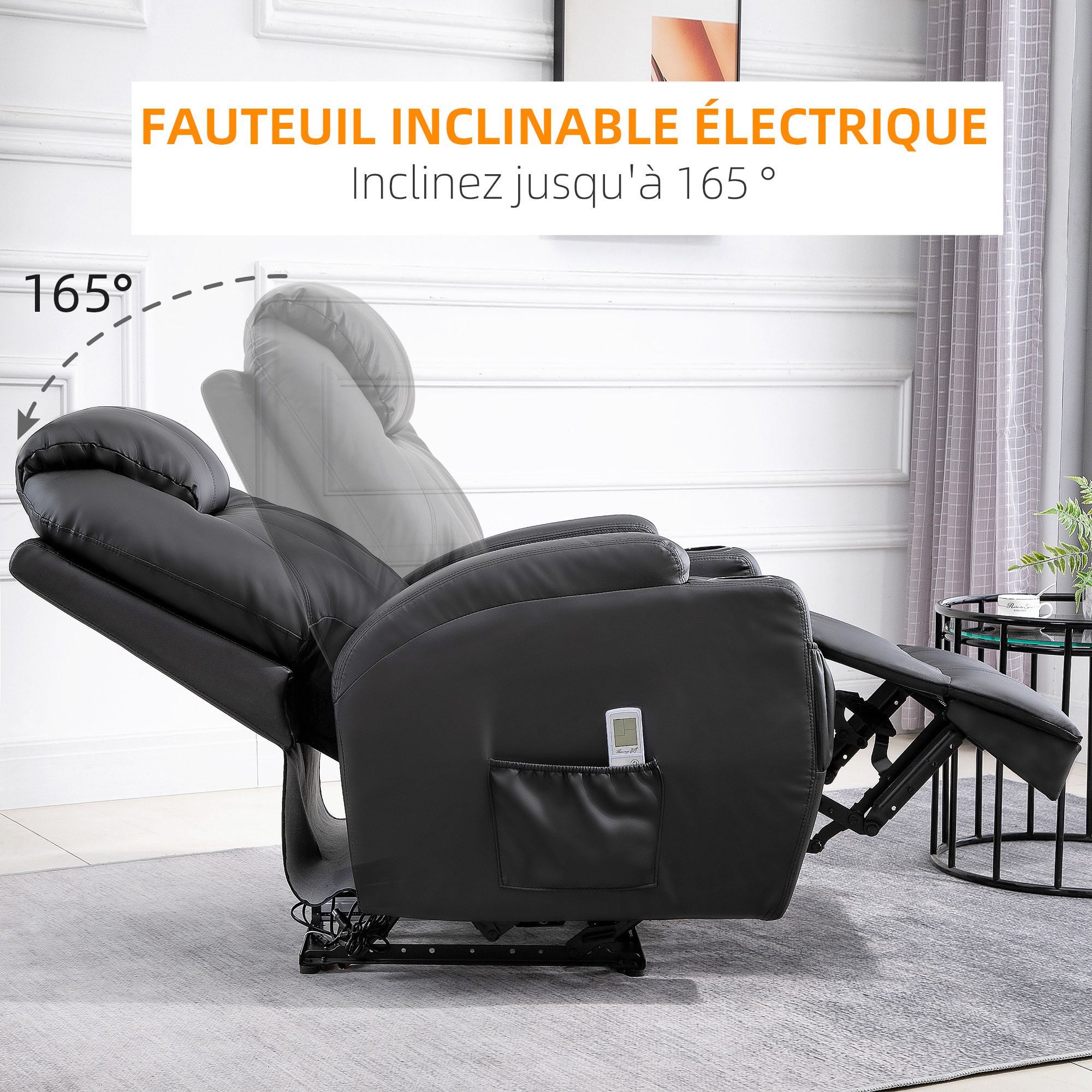 Fauteuil luxe de relaxation et massage inclinaison dossier repose-pied électrique revêtement synthétique noir