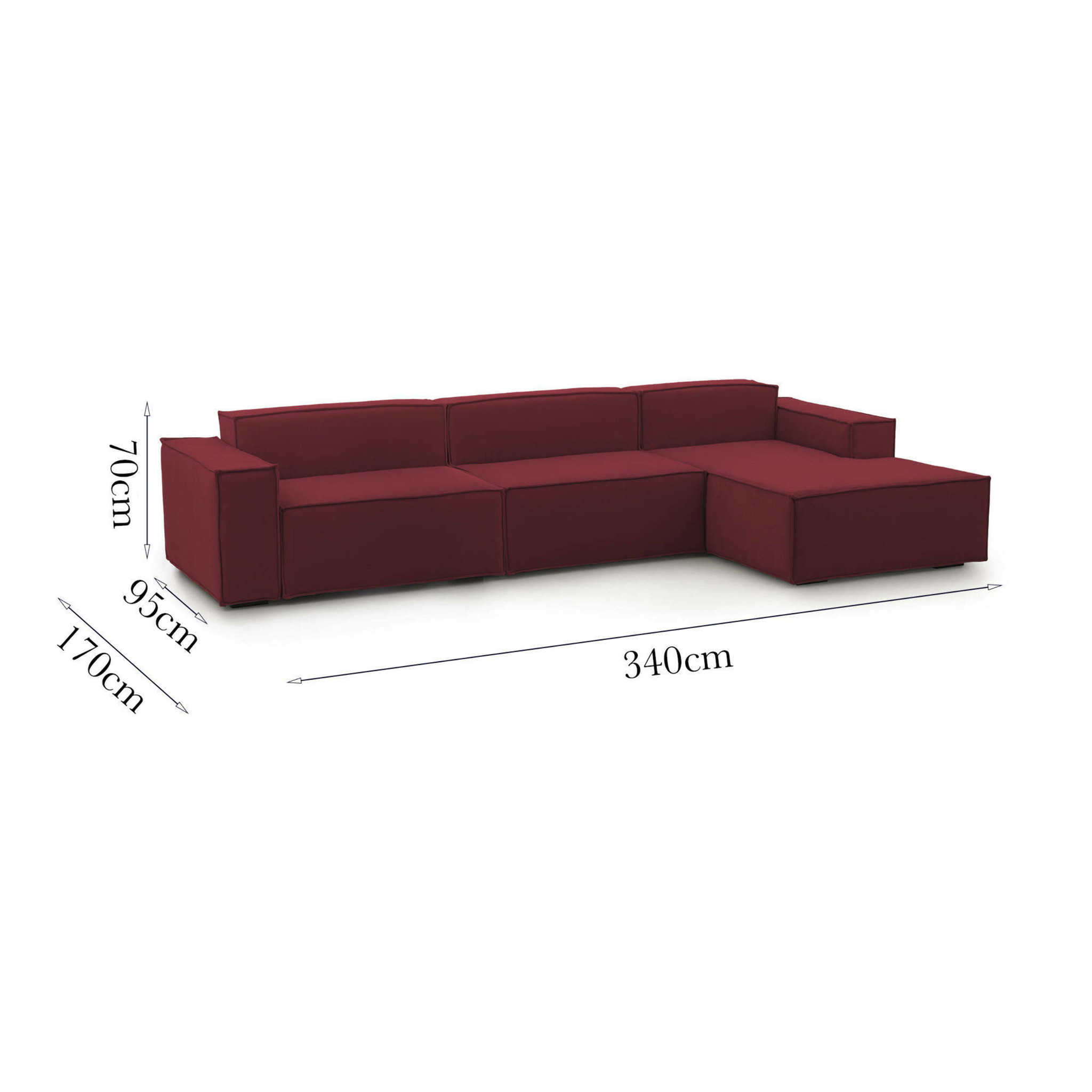 Divano fisso Raffaella, Divano componibile a 4 posti con penisola destra, 100% Made in Italy, Sofà moderno in tessuto, Cm 340x170h70, Rosso