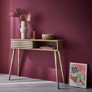 Console scandinave décor bois avec 1 porte coulissante rainurée 2 niches de rangement