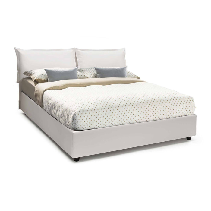 Letto alla francese Amelh, Letto contenitore con rivestimento in ecopelle, adatto per materasso Cm 140x190, 100% Made in Italy, Bianco