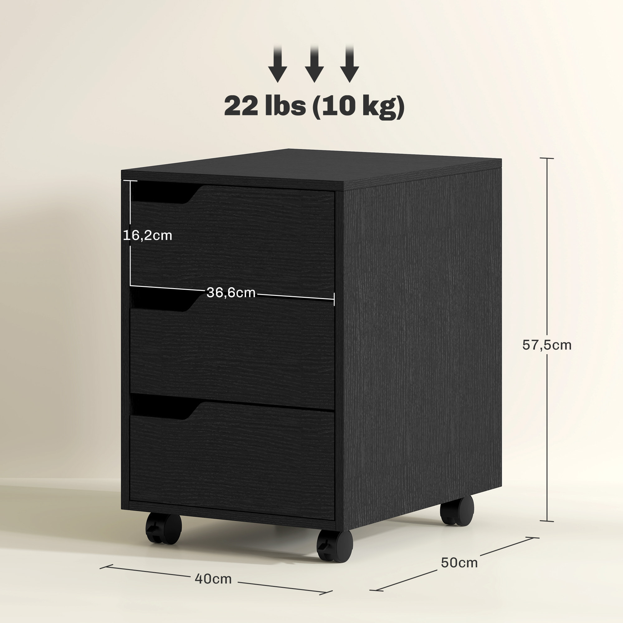 Caisson bureau mobile avec 3 tiroirs, meuble rangement bureau sur roulettes pour documents et imprimante, 40x50x57,5cm, noir