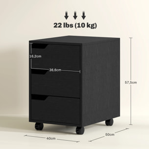 Caisson bureau mobile avec 3 tiroirs, meuble rangement bureau sur roulettes pour documents et imprimante, 40x50x57,5cm, noir