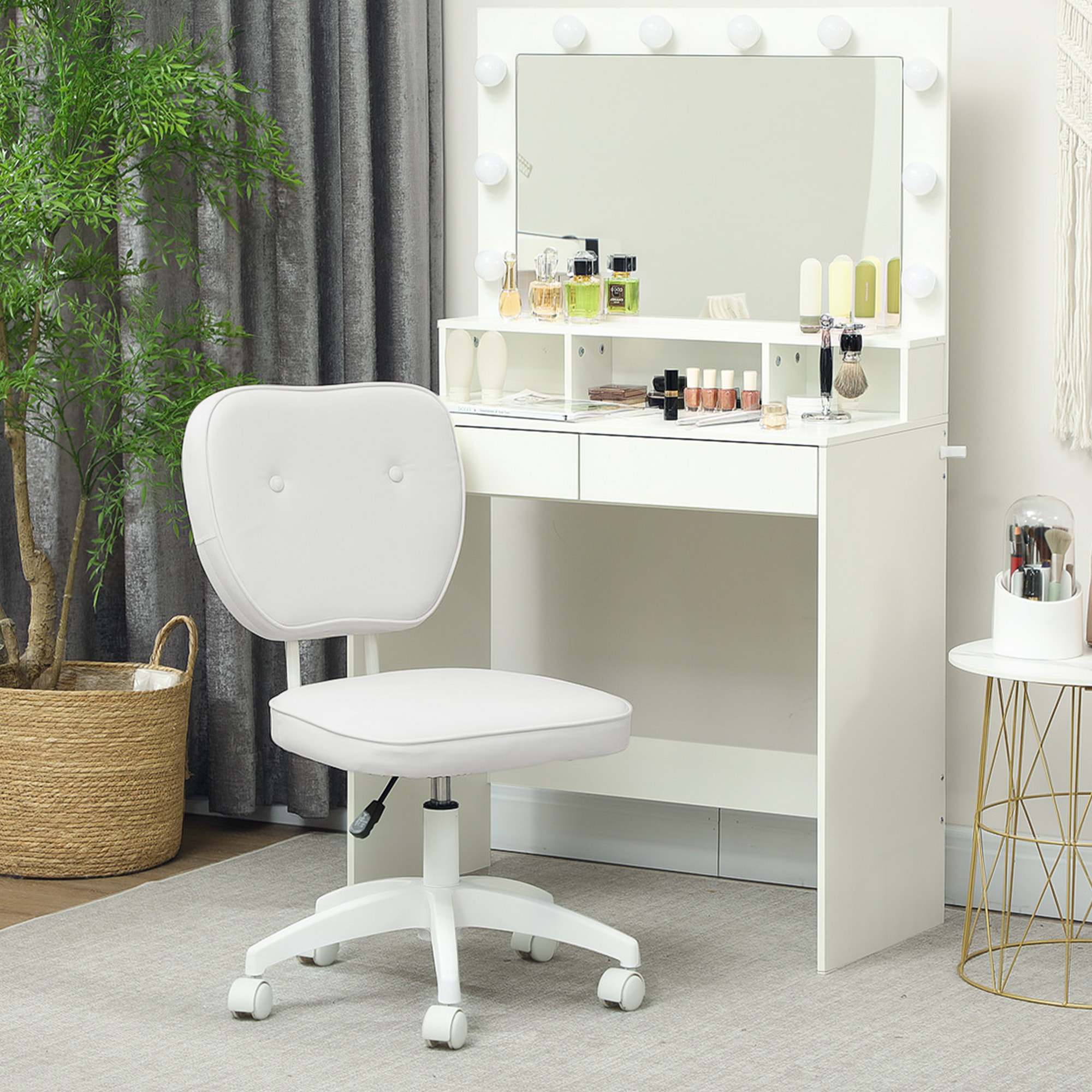 Chaise de bureau design Chersterfied dossier arrondi 2 boutons synthétique blanc