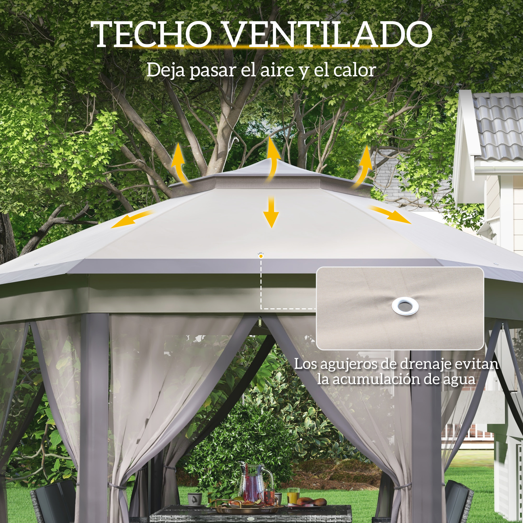 Carpa Plegable 4x3,4 m, Cenador de Jardín Hexagonal con Doble Techo, 6 Mosquiteras Extraíbles y Bolsa de Transporte, Impermeable, Anti-UV para Exterior, Fiestas, Marrón y Beige