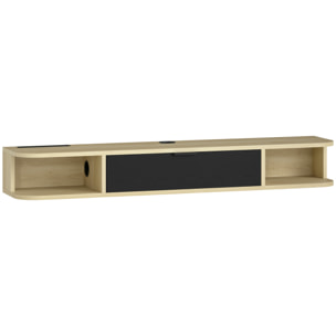 Meuble TV suspendu 120cm - porte, 2 niches, espace routeur, passe-fils - effet bois clair noir