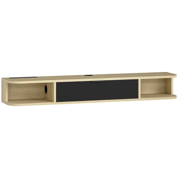 Meuble TV suspendu 120cm - porte, 2 niches, espace routeur, passe-fils - effet bois clair noir