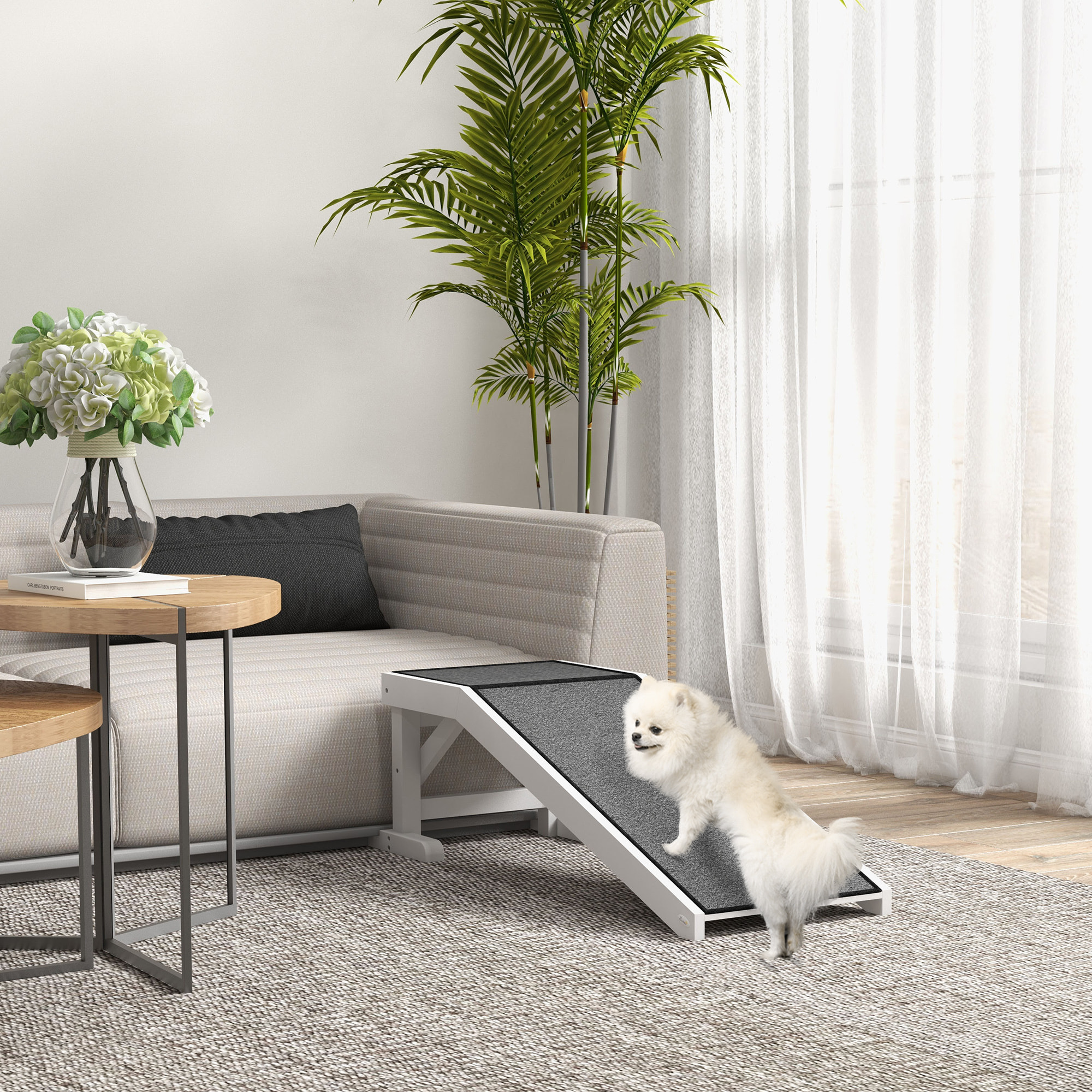 Rampa para Perros de Madera Rampa para Mascotas para Cama/Sofá con Alfombra Antideslizante para Perros Pequeños Medianos y Grandes 125x40x35,5 cm Blanco y Gris