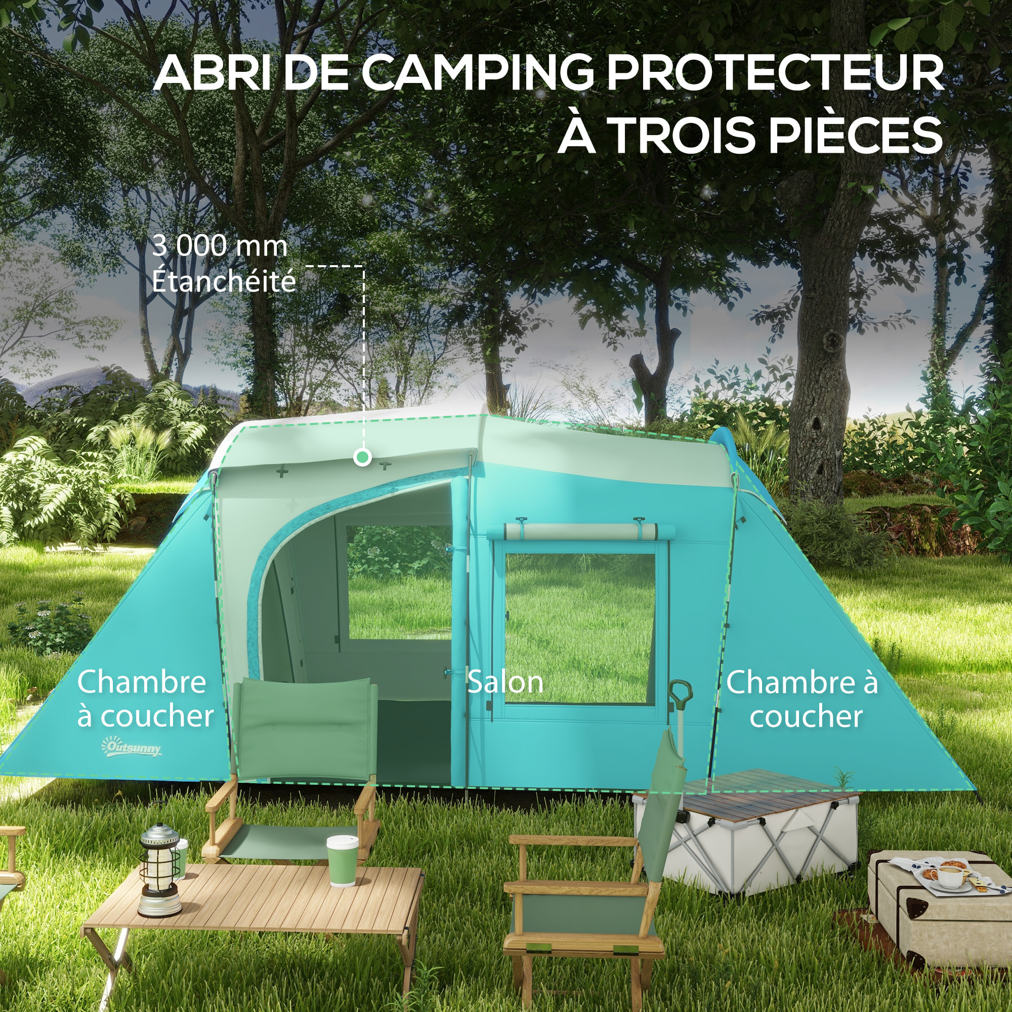 Tente de camping 3-4 pers. 2 chambres 4 portes 4 fenêtres sac bleu