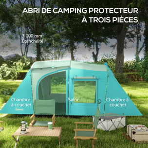 Tente de camping 3-4 pers. 2 chambres 4 portes 4 fenêtres sac bleu