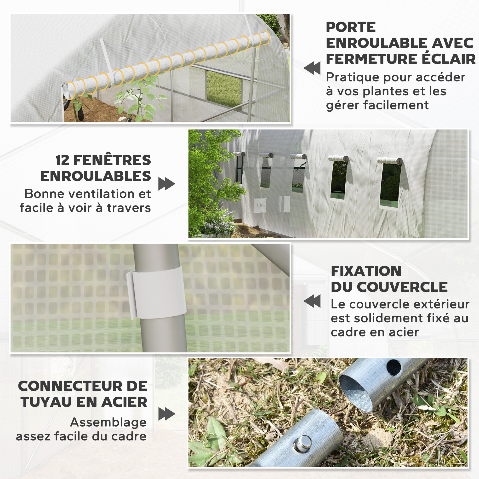 Serre tunnel grande taille 24 m² châssis tubulaire acier galvanisé renforcé 2,4 cm 12 fenêtres 1 porte blanc