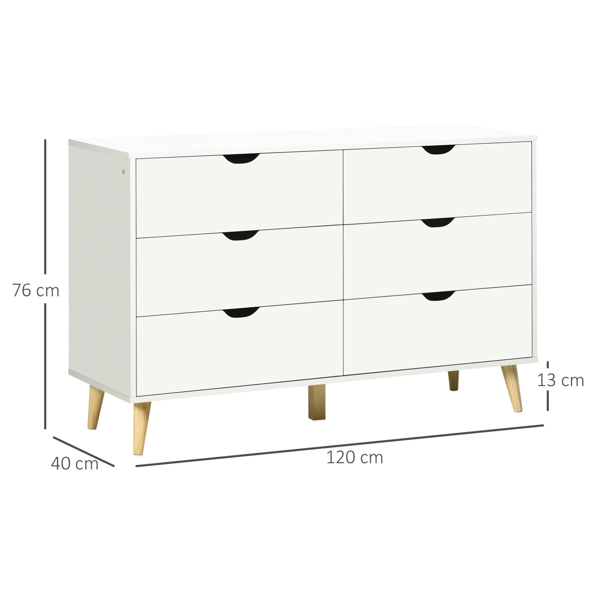 Cómoda con 6 Cajones Cajonera de Armario Mueble Organizador con Cajones para Cocina Dormitorio Salón Estudio Estilo Moderno Antivuelco 120x40x76 cm Blanco