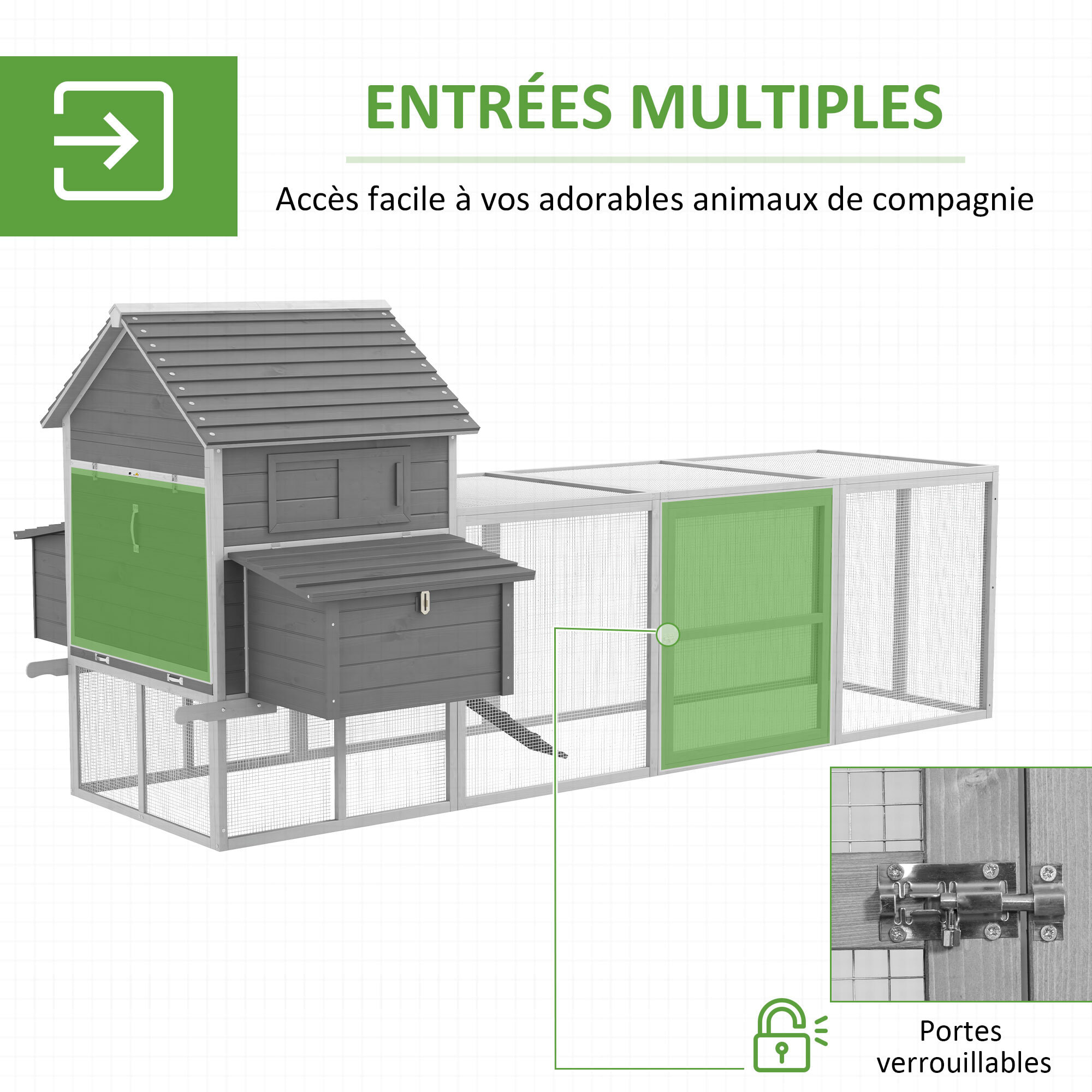 Poulailler cottage cage à poules sur pied dim. 310L x 149l x 149H cm multi-équipement bois sapin gris