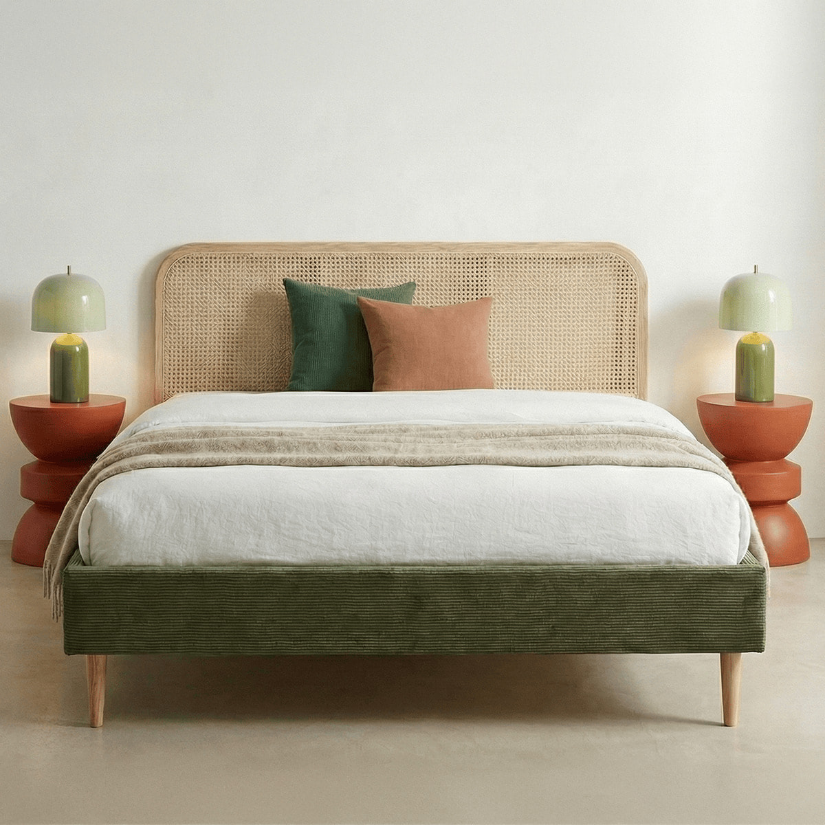 Lit en velours côtelé avec tête de lit en cannage - DALIA