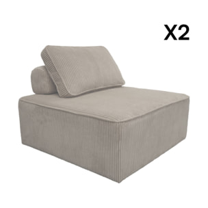 Lot de 2 chauffeuses  pour canapé modulable velours côtelé gris clair avec un coussin