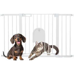 Barrera de Seguridad para Perros Extensible 75-131 cm, para Puertas y Escaleras, Barrera para Perros con Puerta Pequeña, 3 Extensiones, Montaje a Presión y Doble Bloqueo, Blanco