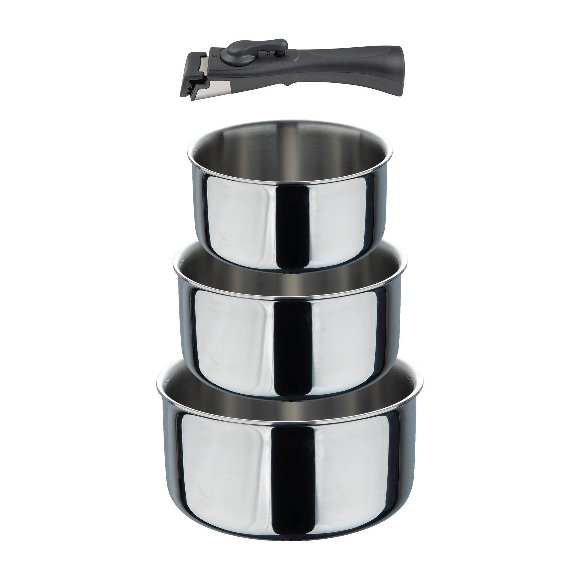 Set de 2 Sartenes Ø24Ø26cm revestimiento ILAG + 3 Cazos Ø16Ø18Ø20cm SIN revestimiento + 2 Mangos extraíbles - En acero inoxidable Click&Cook Bergner