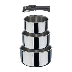 Set de 2 Sartenes Ø24Ø26cm revestimiento ILAG + 3 Cazos Ø16Ø18Ø20cm SIN revestimiento + 2 Mangos extraíbles - En acero inoxidable Click&Cook Bergner