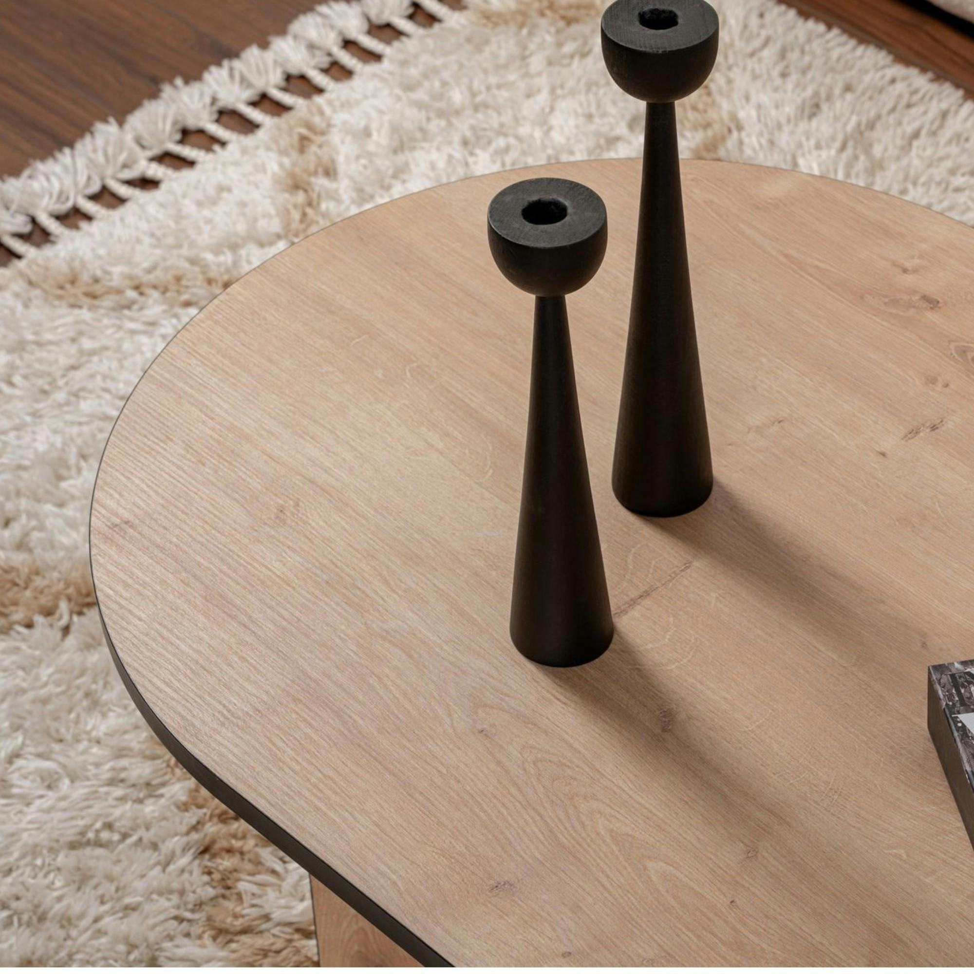Table basse ovale effet bois & fini noir - pieds en V MARFA