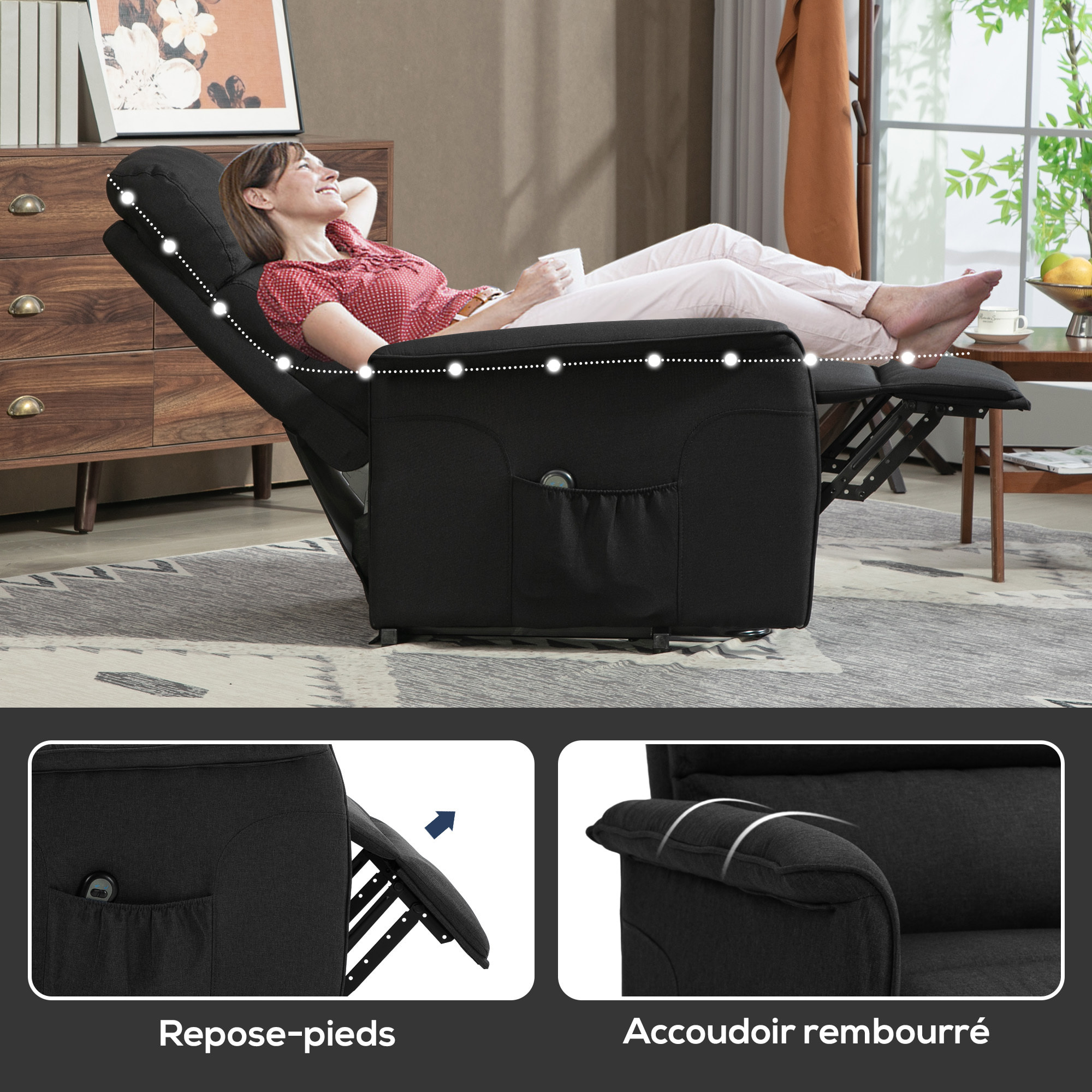 Fauteuil de relaxation électrique télécommande - fauteuil releveur inclinable, repose-pied ajustable - tissu polyester aspect lin noir