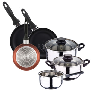 set de batería de cocina de 5pc en acero inoxidable + 3 sartenes ø16ø20ø24cm cobre metalizado en aluminio prensado