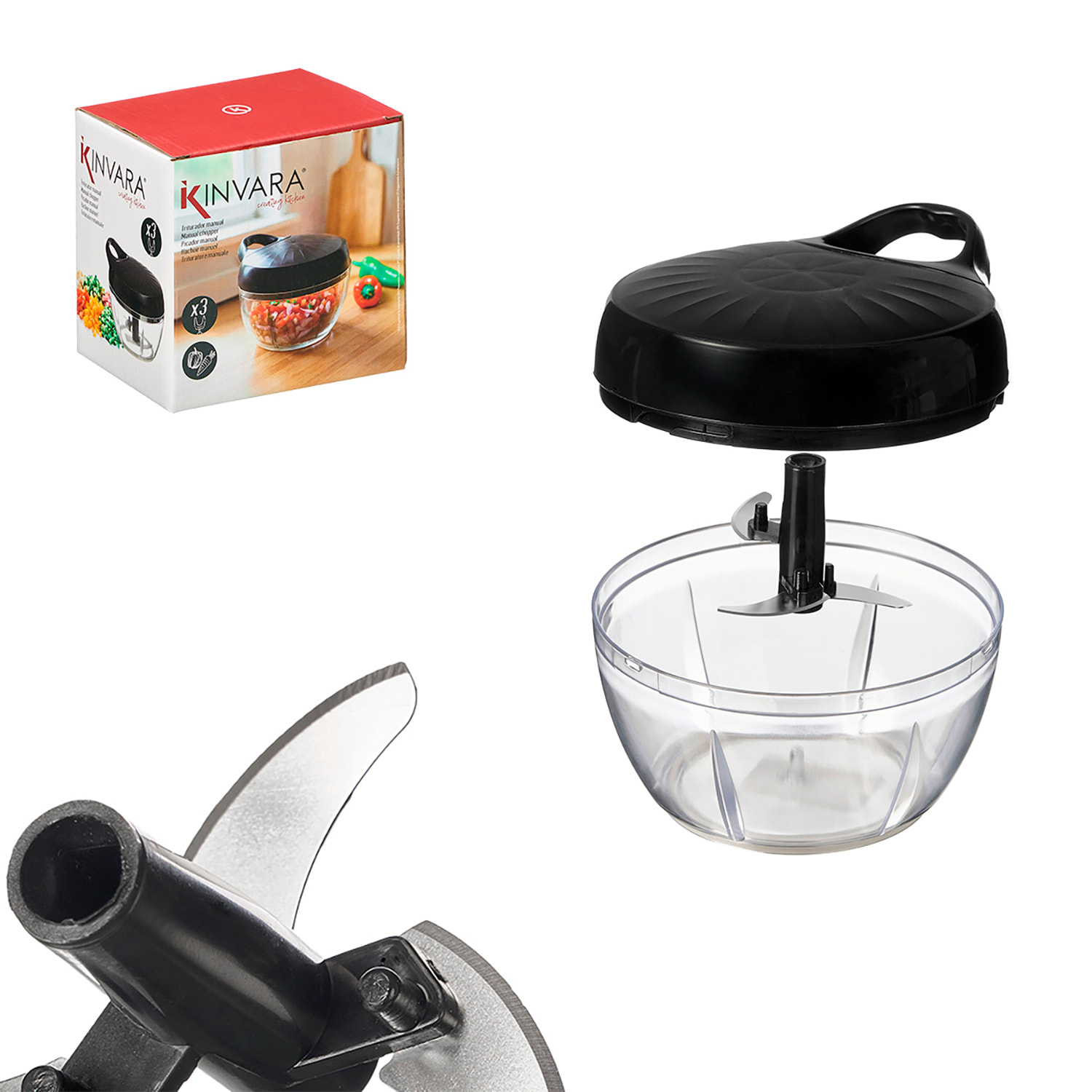 Triturador manual con 3 cuchillas de acero inoxidable.