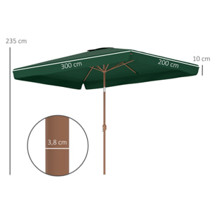 Sombrilla de Terraza Exterior 300x200 cm Parasol de Terraza Exterior con Ángulo Ajustable Mástil de Aluminio Manivela y Protección UV 50+ Sombrilla para Jardín Patio Verde Oscuro