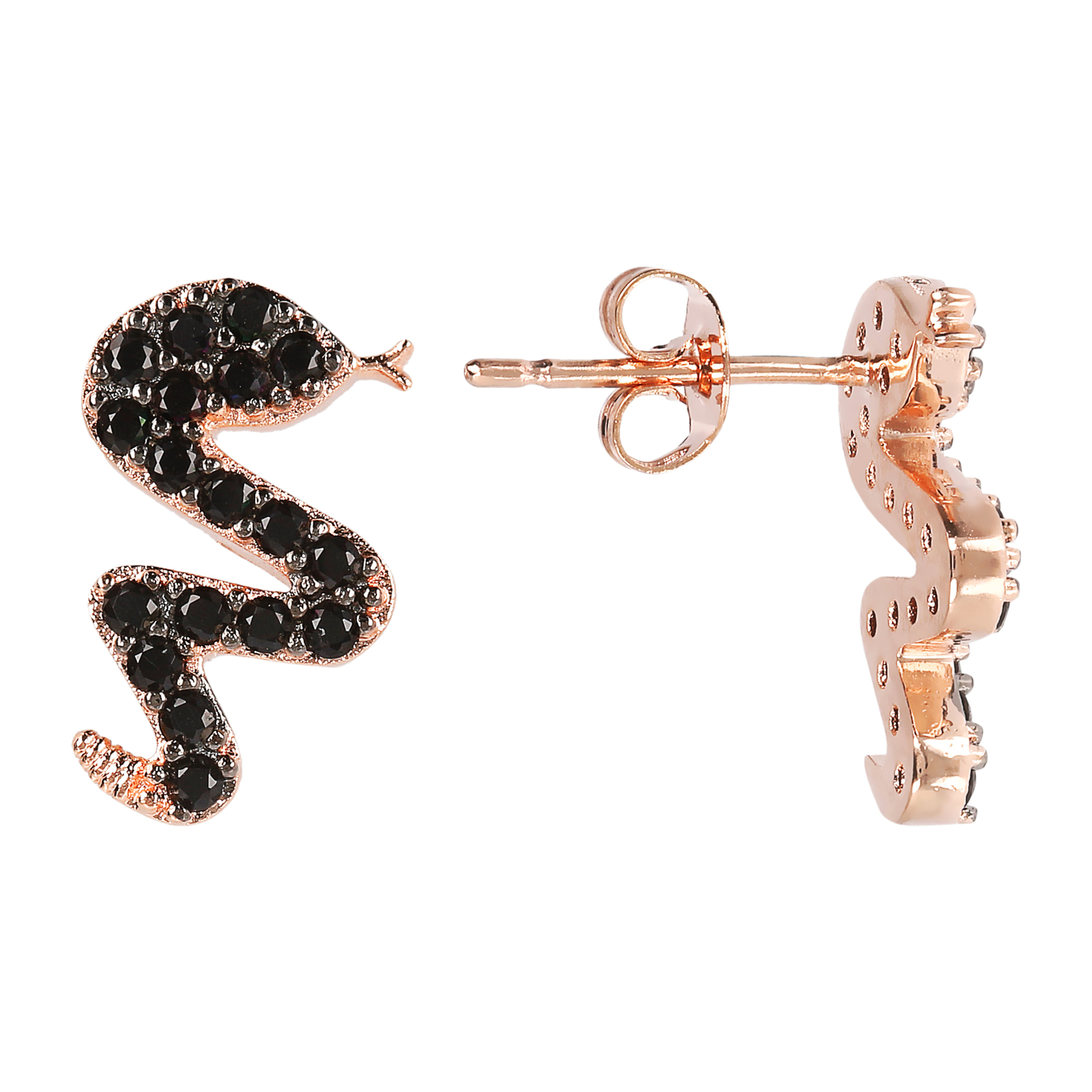 Orecchini a Lobo Serpente con Pavé in Spinello Nero Placcati Oro Rosa 18kt