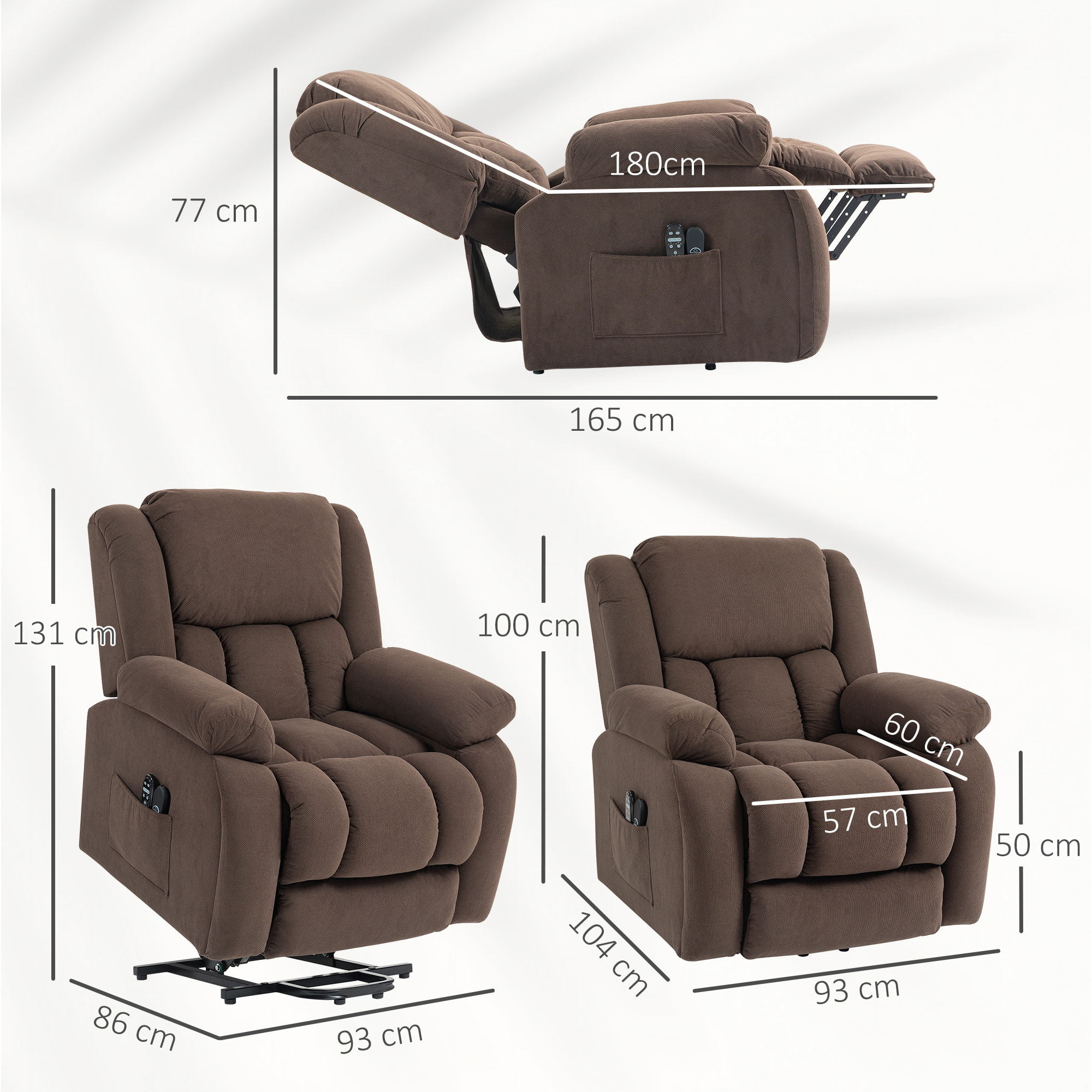 Fauteuil releveur massant chauffant grand confort - inclinable, repose-pieds rétractable - tissu toucher flanelle chocolat