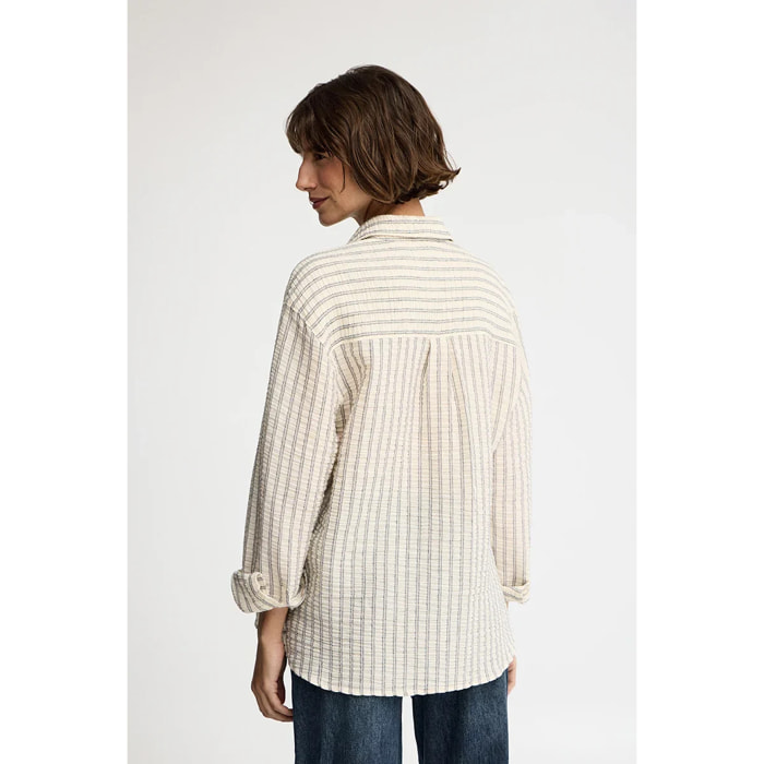 Camicia a righe blu marino effetto stropicciato, fit ampio e ricamo Rigby Go