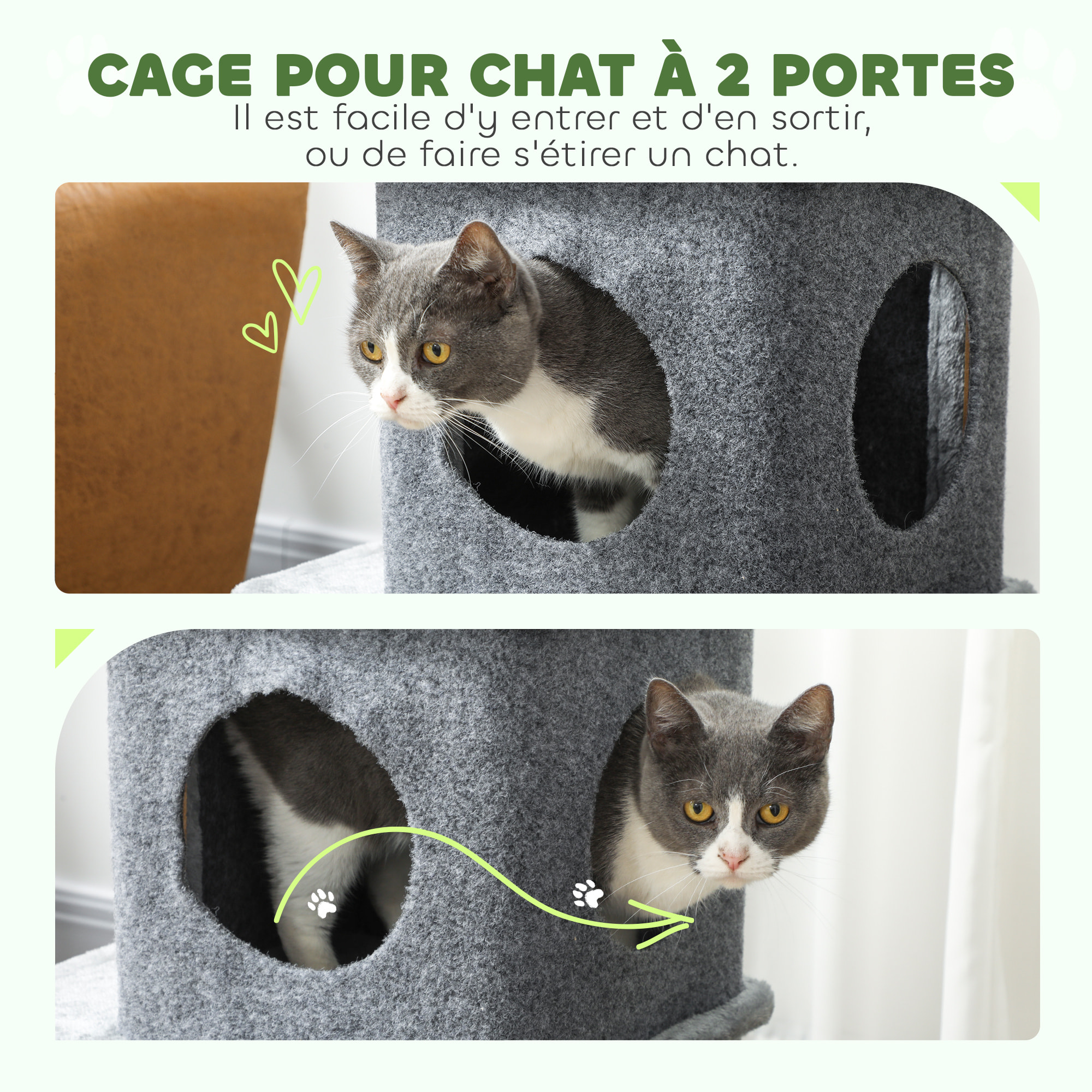 Arbre à chat à 3 niveaux hauteur 80 cm, tour pour chat avec 2 niches et surface de repos confortable, balle amovible, poteau en sisal et peluche douce, pour animal 5 kg, gris foncé