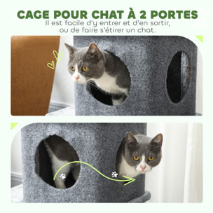 Arbre à chat à 3 niveaux hauteur 80 cm, tour pour chat avec 2 niches et surface de repos confortable, balle amovible, poteau en sisal et peluche douce, pour animal 5 kg, gris foncé