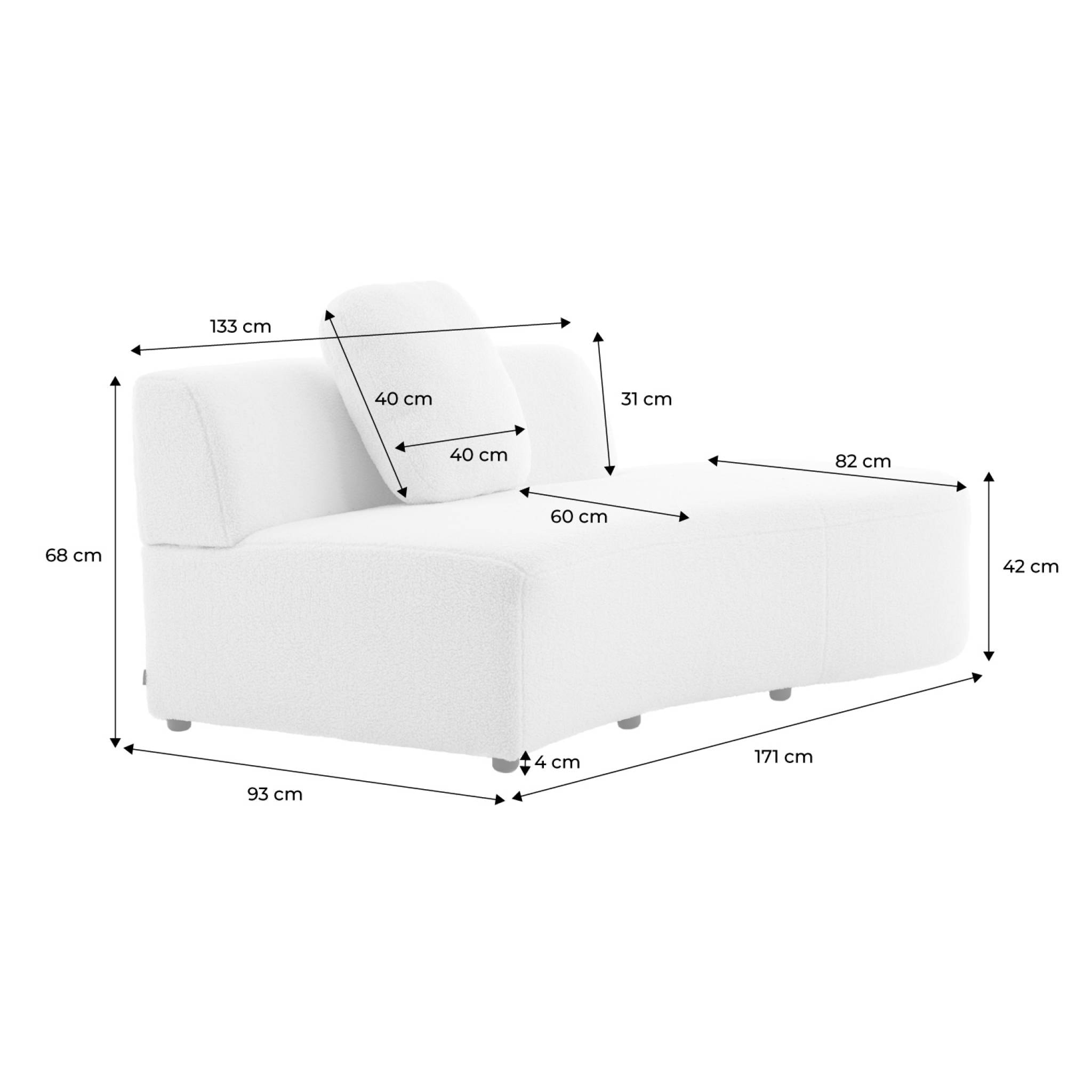 Canapé virgule organique droite 2-3 places bouclette blanche  L 171 x P 93 x H 68cm - Wave