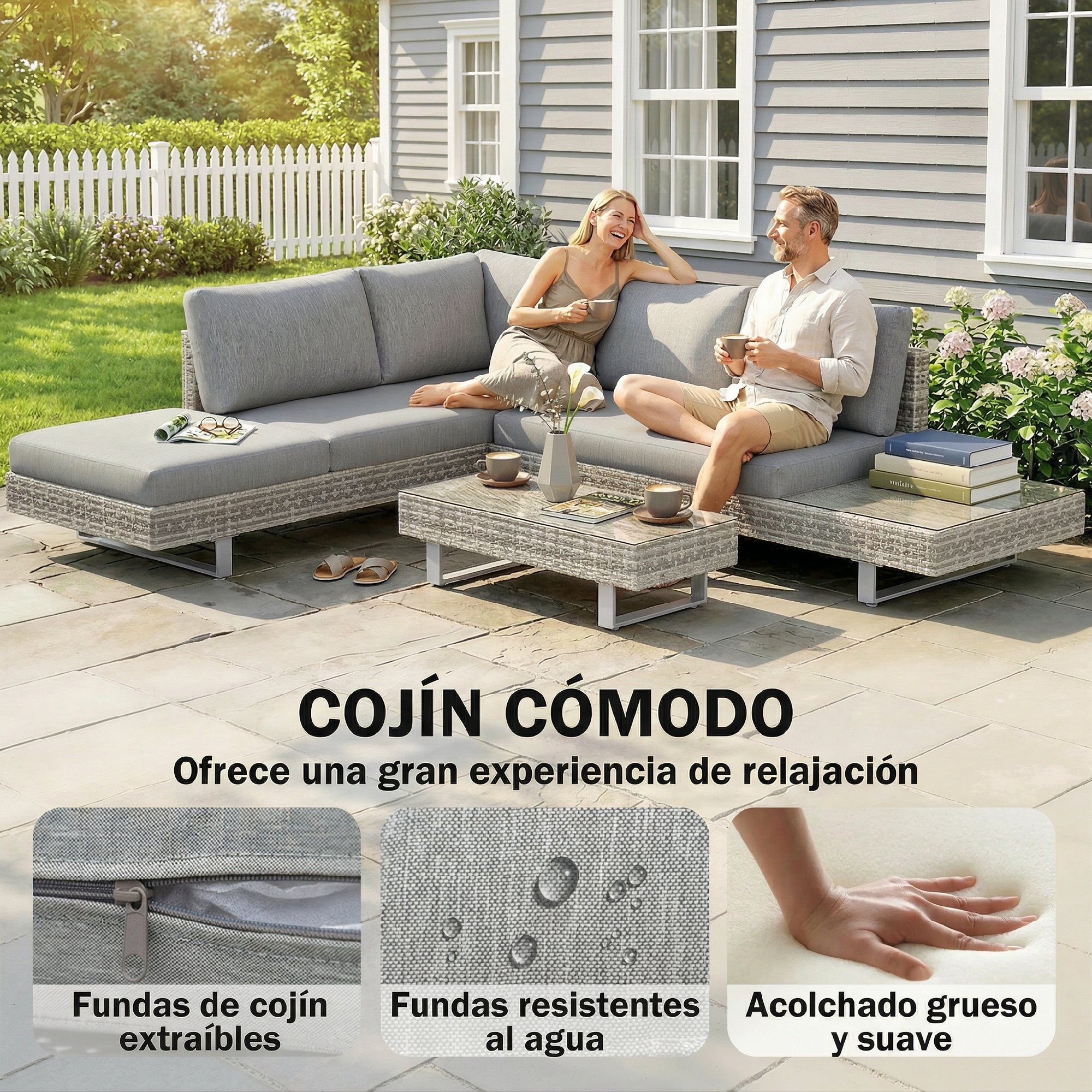 Conjunto de Jardín de Ratán de 3 Piezas, Conjunto Terraza Resistente, Muebles Jardín Exterior Incluye Cojines, Sofá de 3 Plazas, Sofá de 2 Plazas con Mesa Lateral, Mesa Centro de Vidrio Gris