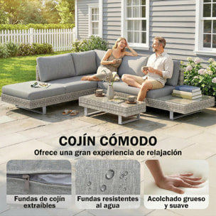 Conjunto de Jardín de Ratán de 3 Piezas, Conjunto Terraza Resistente, Muebles Jardín Exterior Incluye Cojines, Sofá de 3 Plazas, Sofá de 2 Plazas con Mesa Lateral, Mesa Centro de Vidrio Gris