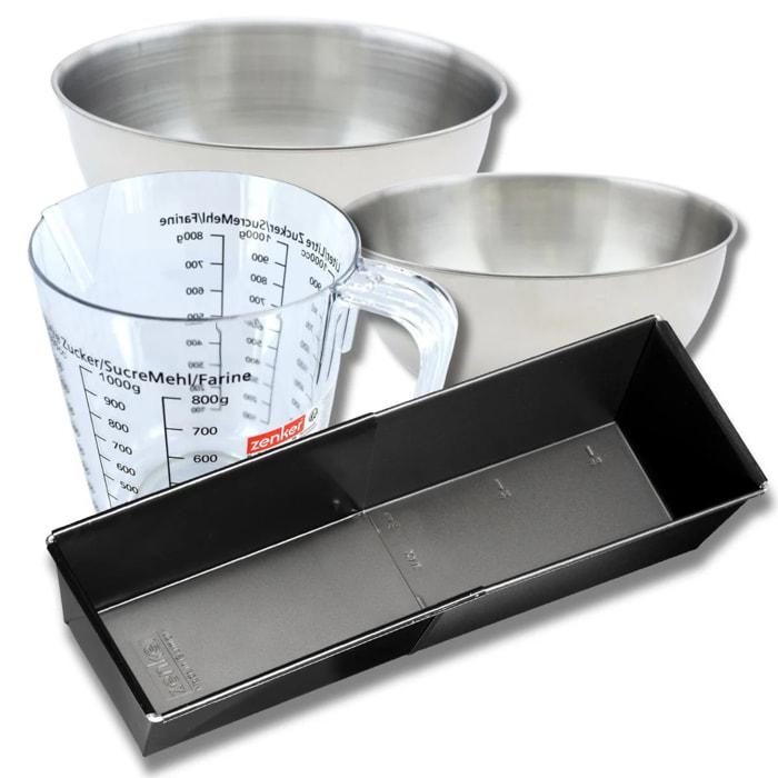 Set pâtisserie avec grand moule à cake extensible, 2 bols à mixer, verre mesureur et spatule Zenker