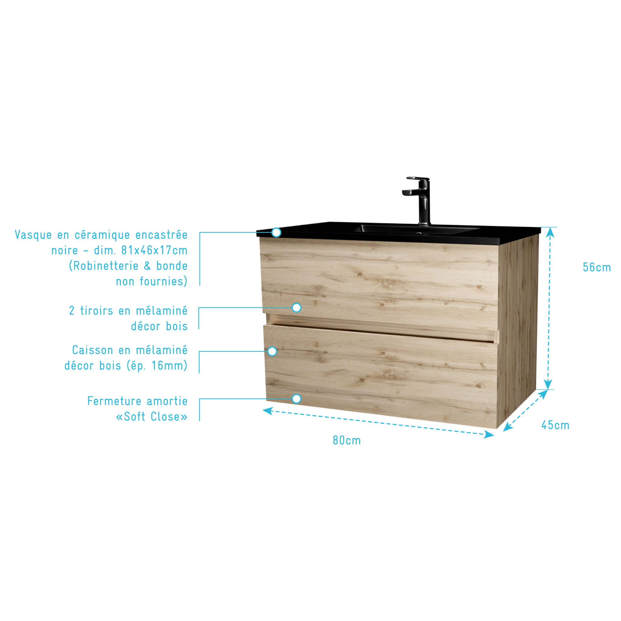 Meuble de salle de bains 80 cm 2 Tiroirs Chêne Naturel + Vasque Céramique Noire - TIMBER