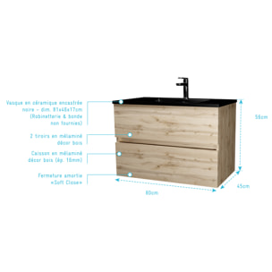 Meuble de salle de bains 80 cm 2 Tiroirs Chêne Naturel + Vasque Céramique Noire - TIMBER