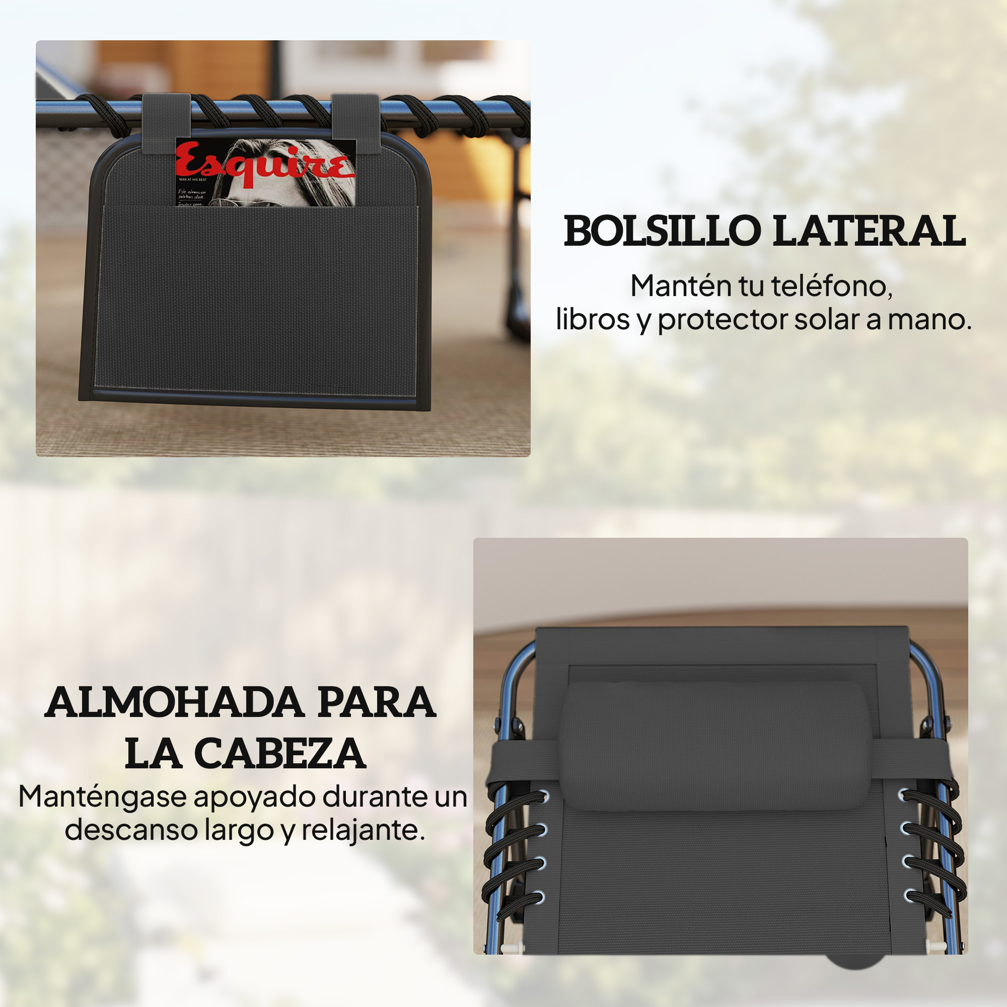 Set de 2 Tumbonas Jardín Exterior, Tumbonas Plegables con Reposacabezas y Bolsillo Lateral, Respaldo Reclinable 5 Posiciones y Asiento de Malla Transpirable para Playa, Piscina, Negro