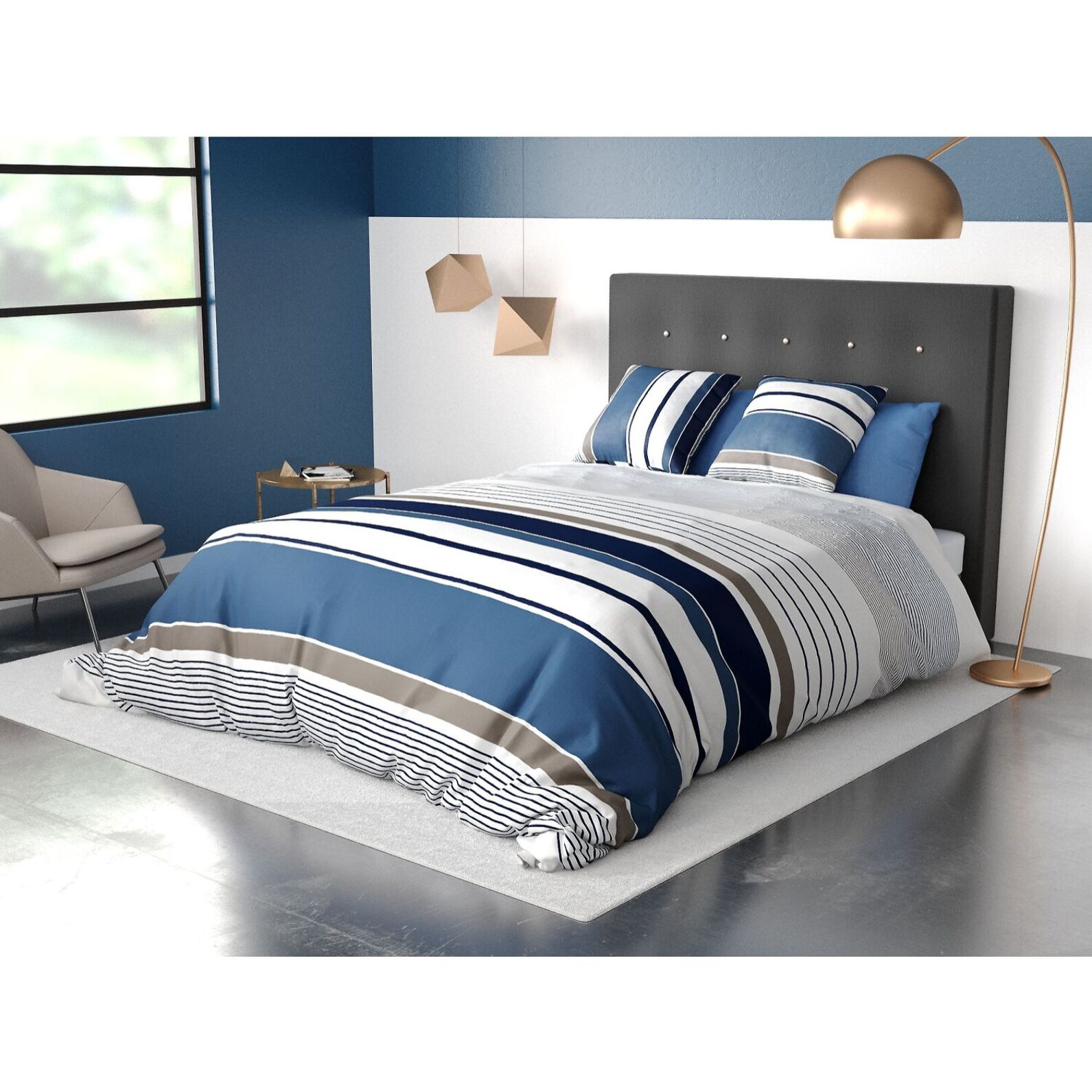 Parure housse de couette coton bleu gris