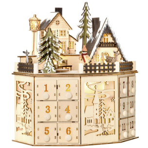 HOMCOM Calendario de Adviento para Rellenar de Madera, con Luces LED y 24 Cajones, Calendario de Adviento de Navidad Reutilizable con Escena de Pueblo, Decoración Navideña, 25x20x29 cm, Natural